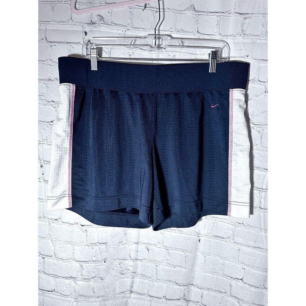 Nike Womens XL Navy Blue Mesh Athletic Basketball Shorts Pink Swoosh White Trim